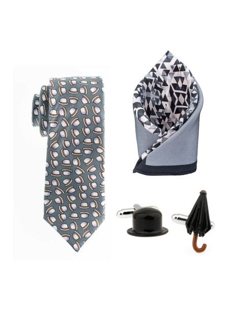 

The Tie Hub Men Grey& White Pure Silk & Cotton Accessory Gift Set