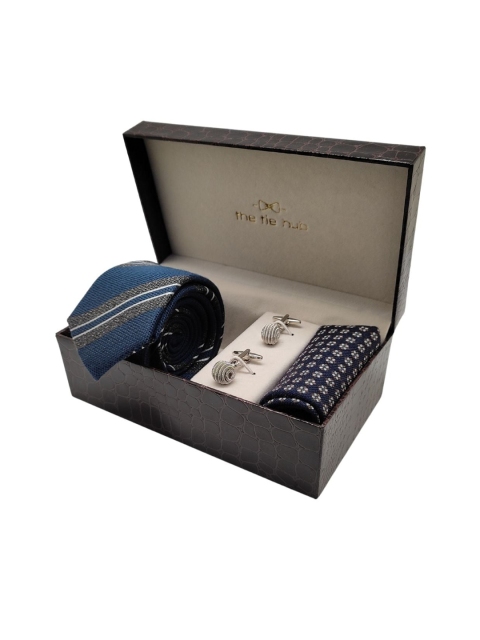 

The Tie Hub Men Woolen & Brass Accessory Gift Set, Navy blue