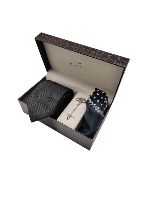 

The Tie Hub Black Reversible Necktie with Lapel Pin & Pocket Square Accessory Gift Set
