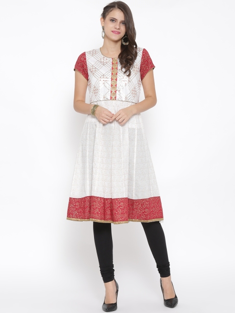 

RANGMANCH BY PANTALOONS Women White Printed Semi-Sheer Anarkali Kurta