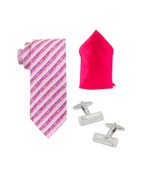 

The Tie Hub Pink Stripe Silk Diffret Tail Necktie Accessory Gift Set