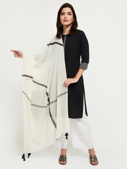 

max Off White & Black Printed Pure Cotton Dupatta with Tasselled Border