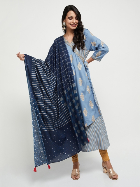 

max Blue & White Geometric Printed Dupatta with Tasselled Border