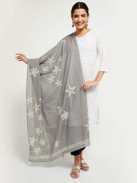 

max Grey & Cream-Coloured Printed Dupatta with Tasselled Border