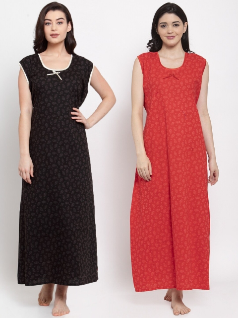 

Secret Wish Women Pack of 2 Brown & Red Printed Cotton Nighty