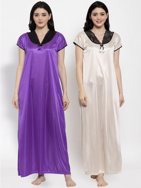 

Secret Wish Pack Of 2 Women Purple & Off White Maxi Nightdress