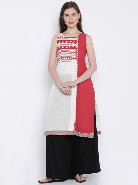 

RANGMANCH BY PANTALOONS Women White Colourblock Straight Kurta