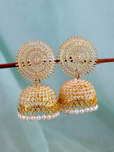 

Crunchy Fashion Gold-Plated Gold-Toned & White Circular Jhumkas Earrings