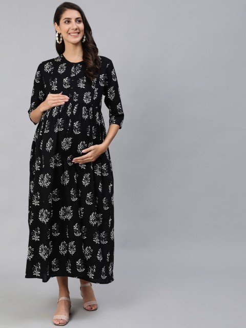 

Nayo Black & White Ethnic Motifs Printed Maternity Maxi Dress