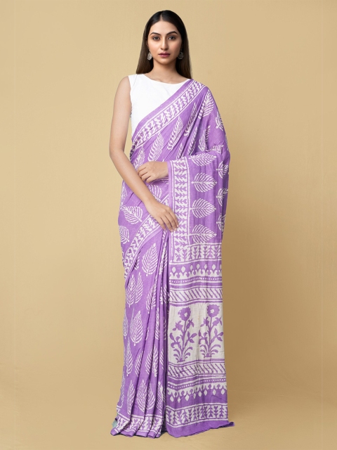 

Unnati Silks Violet & White Dabu Pure Cotton Dabu Saree