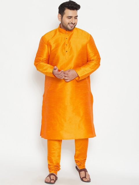 

VASTRAMAY PLUS Men Orange Solid Regular Silk Blend Kurta with Churidar