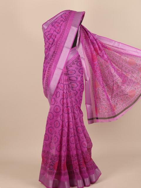 

Pothys Women Violet & Silver-Toned Cotton Blend Floral Printed Saree