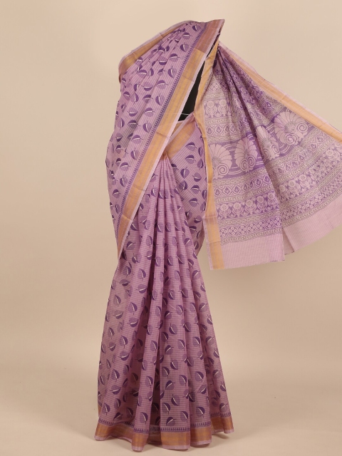 

Pothys Women Violet & Gold-Toned Cotton Blend Floral Printed Saree