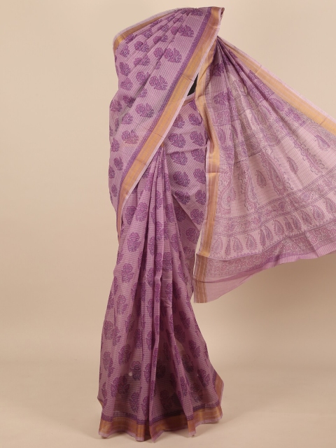 

Pothys Women Violet & Gold-Toned Cotton Blend Floral Printed Saree