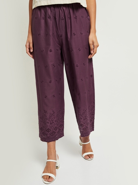 

max Women Purple Ethnic Motifs Parallel Trousers