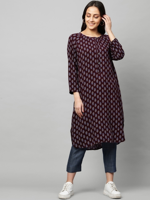 

Modern Indian by CHEMISTRY Women Maroon Printed Rayon Kurta with Denim Trousers