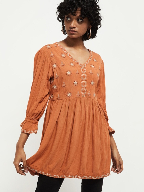 

max Women Brown & Silver-Toned Printed Tunic
