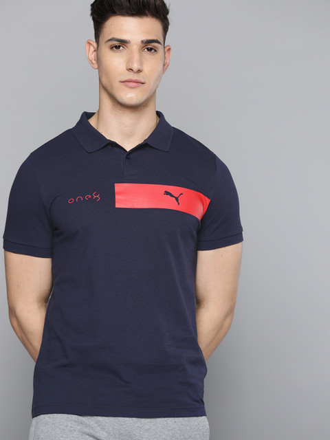 

one8 x PUMA Men Navy Blue & Red Brand Logo Striped Polo Collar Slim Fit T-shirt