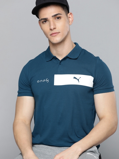 

one8 x PUMA Men Teal Blue Brand Logo Striped Polo Collar T-shirt