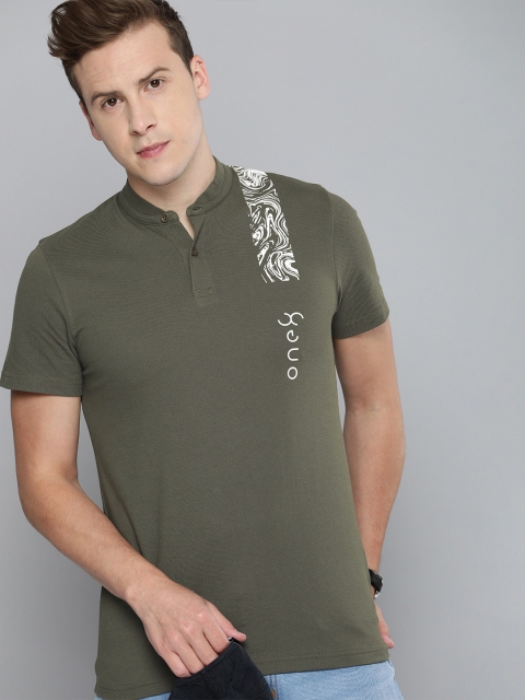 

one8 x PUMA Men Green Brand Logo Henley Neck T-shirt
