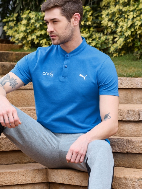 

one8 x PUMA Men Blue Brand Logo Printed Henley Neck Slim Fit Casual T-shirt