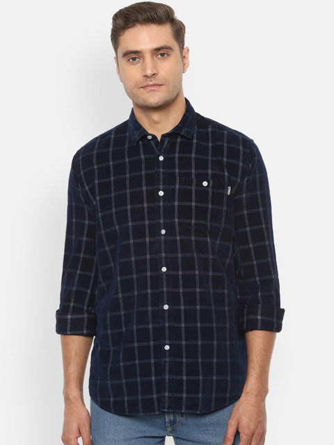 

Louis Philippe Jeans Men Navy Blue Pure Cotton Slim Fit Windowpane Checked Casual Shirt