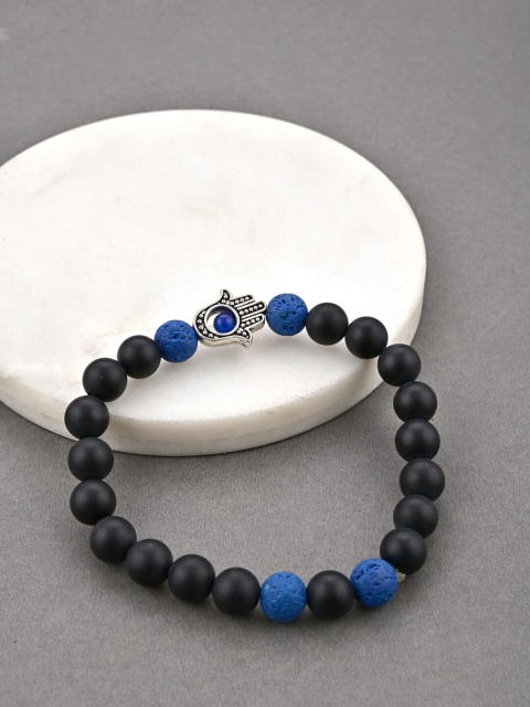

Tistabene Men Black Beads & Humsa Hand Rhodium-Plated Elasticated Bracelet, Silver