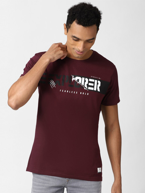 

Peter England Casuals Men Maroon White Typography Printed Slim Fit Cotton Pure Cotton T-shirt