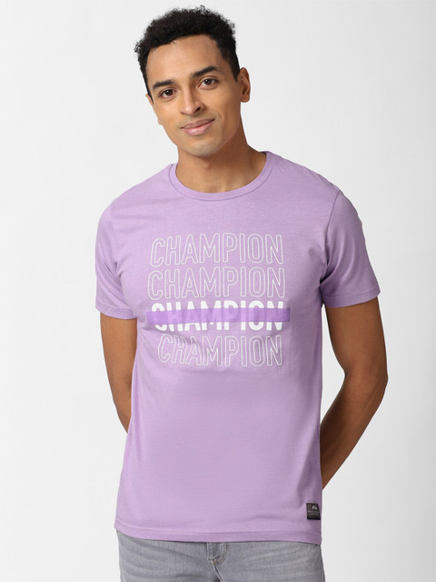 

Peter England Casuals Men Purple White Typography Printed Slim Fit Cotton Pure Cotton T-shirt