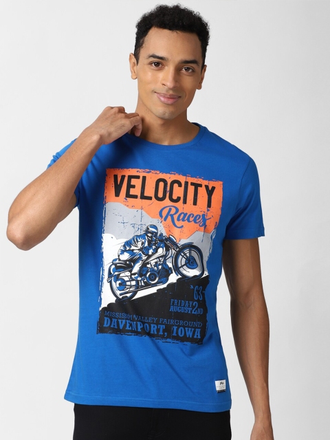 

Peter England Casuals Men Blue Orange Printed Slim Fit Cotton Pure Cotton T-shirt