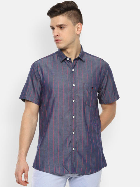 

Louis Philippe Sport Men Navy Blue & Pink Slim Fit Multi Stripes Cotton Casual Shirt