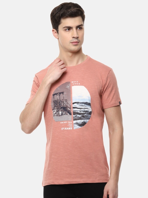 

Louis Philippe Jeans Men Peach-Coloured Printed Slim Fit Cotton Pure Cotton T-shirt