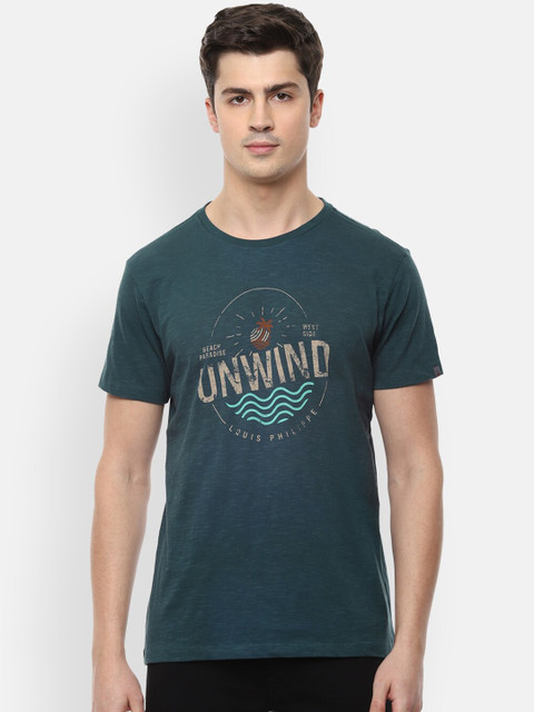 

Louis Philippe Jeans Men Green Beige Typography Printed Slim Fit Cotton Pure Cotton T-shirt