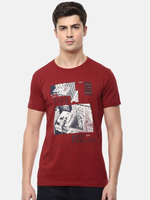 

Louis Philippe Jeans Men Maroon White Printed Slim Fit Pure Cotton T-shirt