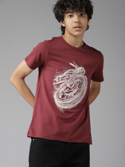 

UTH by Roadster Boys Maroon & White Pure Cotton Biker Print T-shirt