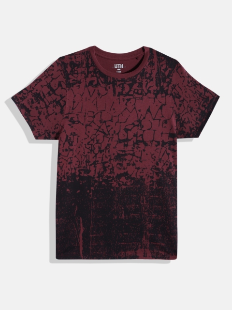

UTH by Roadster Teen Boys Burgundy & Black Abstract Printed Cotton T-shirt