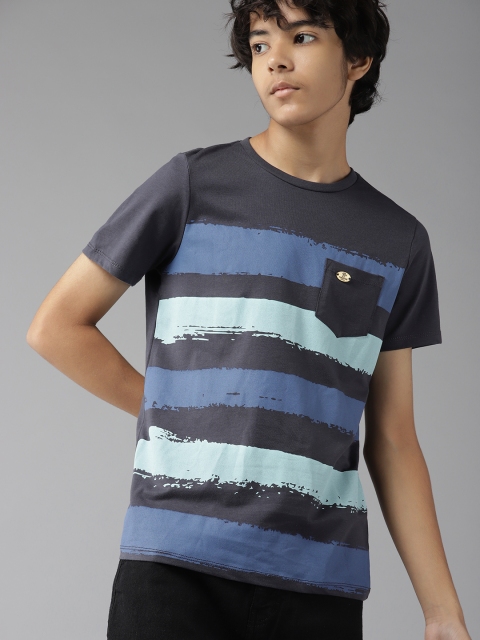 

UTH by Roadster Boys Charcoal Grey & Blue Pure Cotton Striped T-shirt