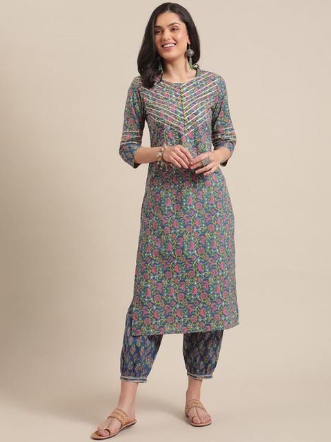 

Varanga Women Blue Floral Printed High Slit Pure Cotton Kurta with Trousers