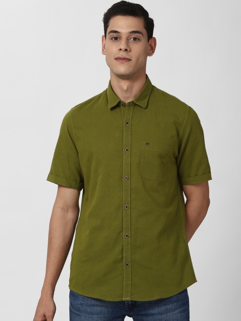 

Peter England Casuals Men Olive Green Slim Fit Opaque Cotton Linen Casual Shirt