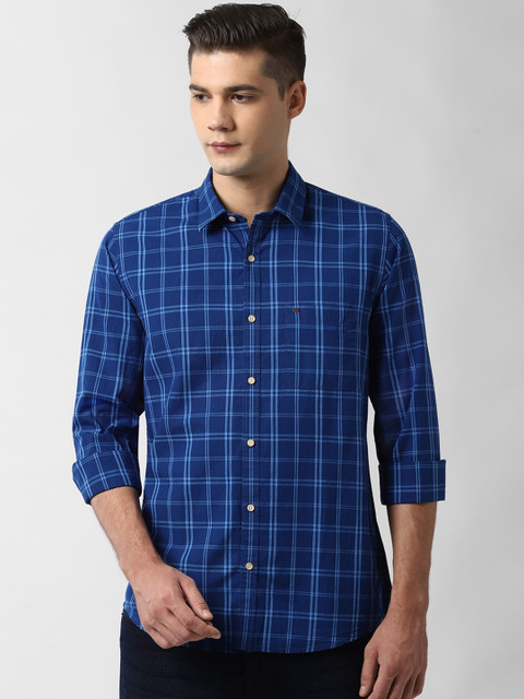 

Peter England Casuals Men Blue Slim Fit Tartan Checks Opaque Checked Cotton Casual Shirt