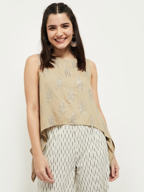 

max Women Beige & Silver-Toned Embellished A-Line Top