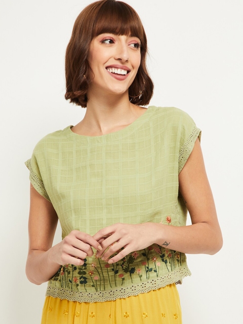 

max Green Checked Embroidered Regular Boxy Crop Top