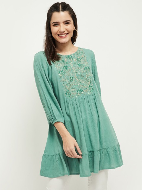 

max Green Floral Embroidered A-Line Longline Top