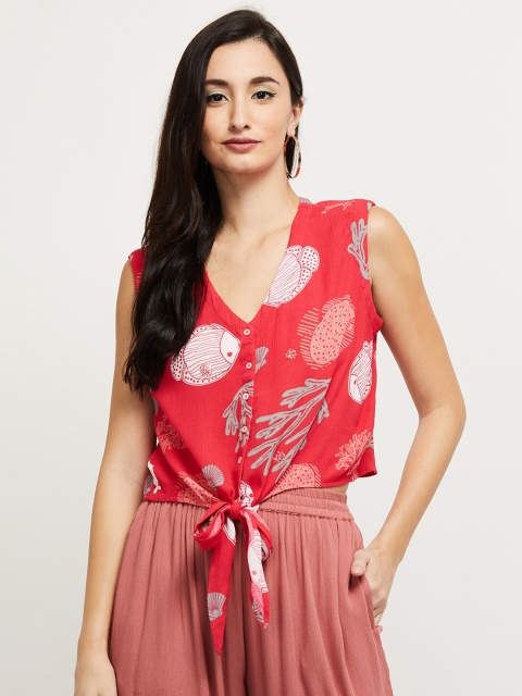 

max Coral & White Floral Boxy Top With Waist Tie-Up
