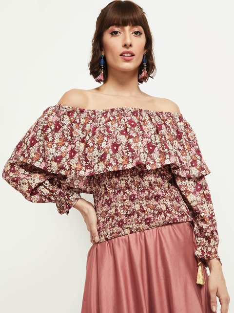 

max Brown Floral Off-Shoulder Bardot Top