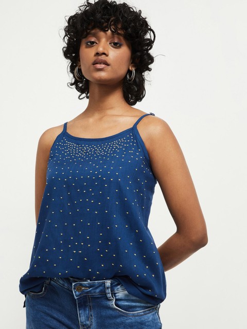

max Blue & Yellow Embroidered Regular Top