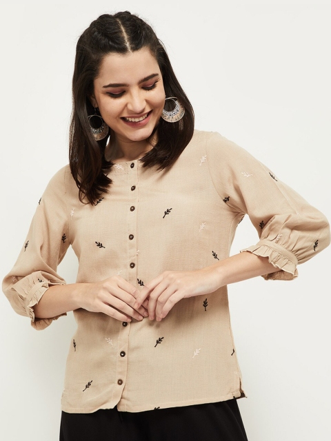 

max Beige Floral Embroidered Shirt Style Top