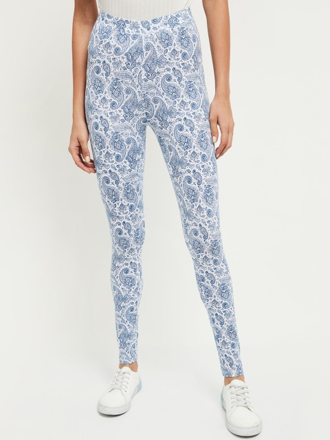 

max Women White & Blue Printed Ankle-Length Leggings