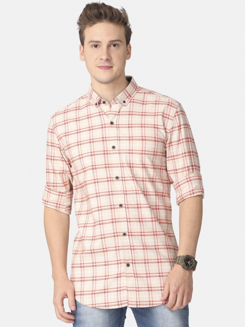 

FOGA Men Cream-Coloured & Red Tartan Checks Opaque Cotton Casual Shirt
