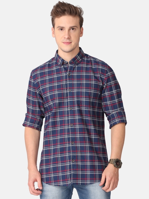 

FOGA Men Navy Blue & White Tartan Checks Opaque Cotton Casual Shirt